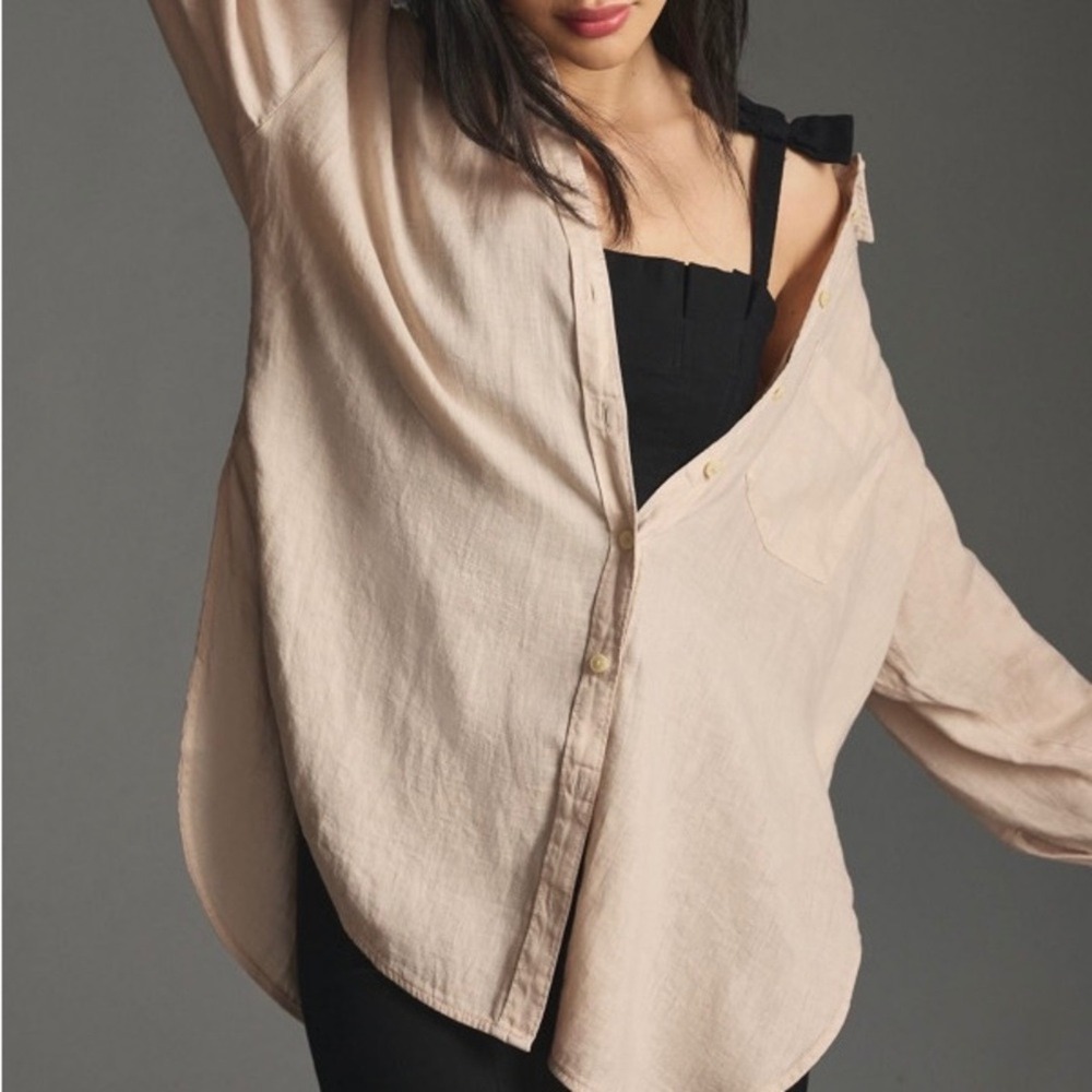 Maeve Anthropologie Taupe Tan Bennett Linen Button Down Shirt XXS